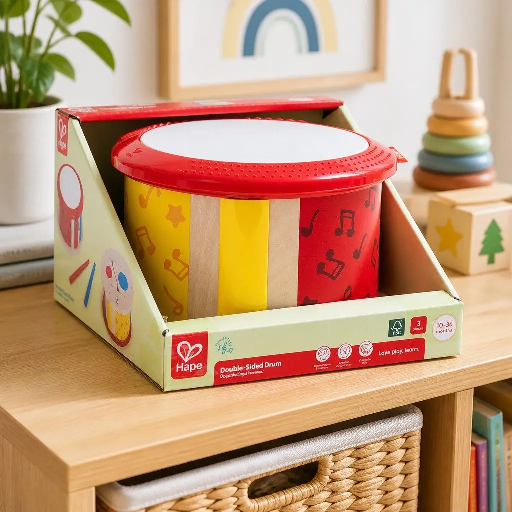 Wooden Toy Drum Early Learning Instrument for Kids Double Sided Rhythm Play