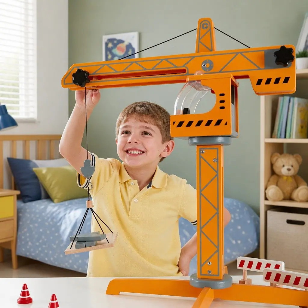 Crane Lift Playset Wooden Construction Toy Working Winch Rotating Arm 10 Piece