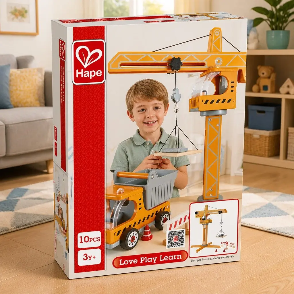 Crane Lift Playset Wooden Construction Toy Working Winch Rotating Arm 10 Piece