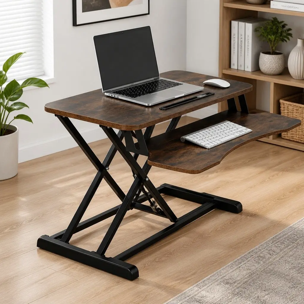 Standing Desk Riser Height Adjustable 2-Tier Keyboard Tray Sit Stand Brown 80CM