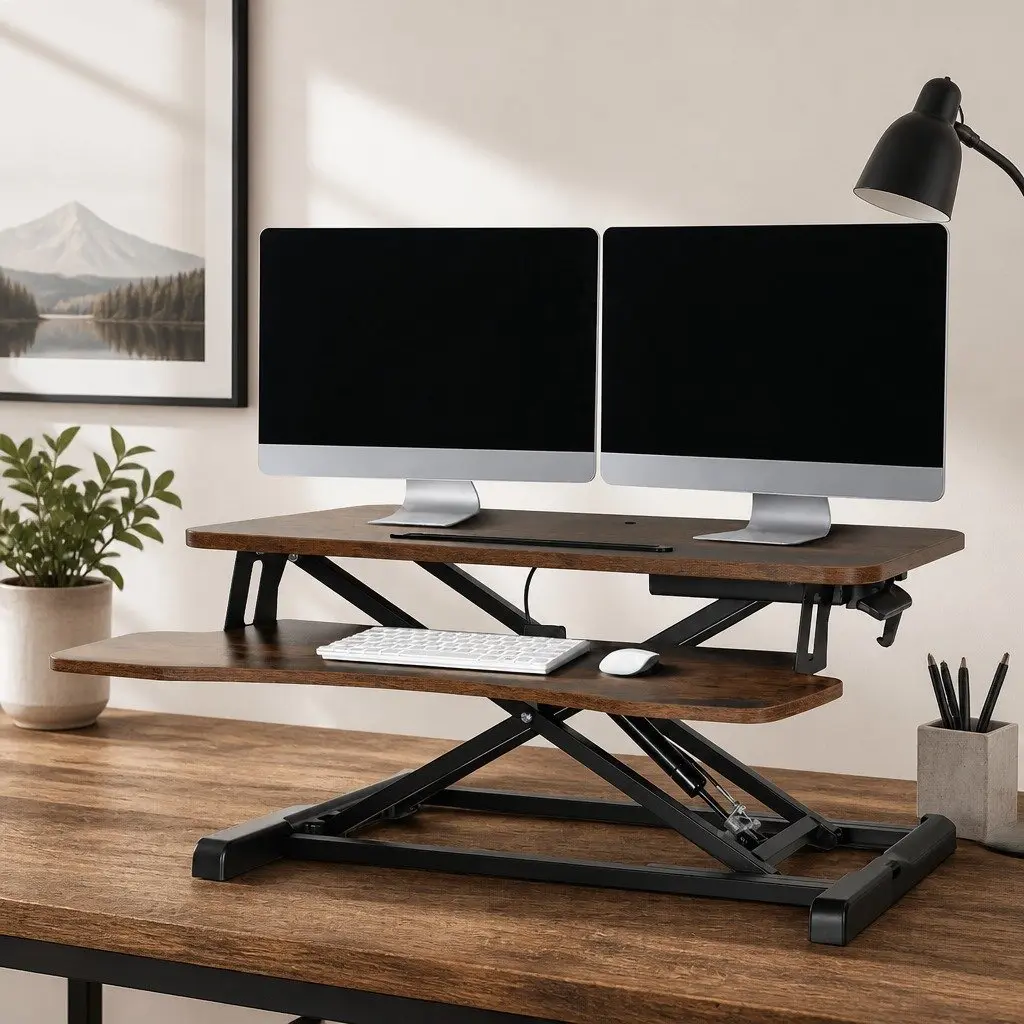 Standing Desk Riser Height Adjustable 2-Tier Keyboard Tray Sit Stand Brown 80CM