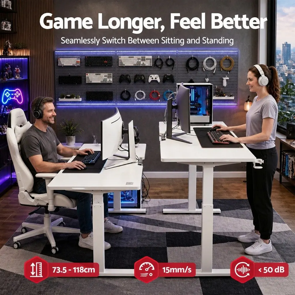 Electric Standing Desk Height Adjustable Gaming Office Workstation 140cm White