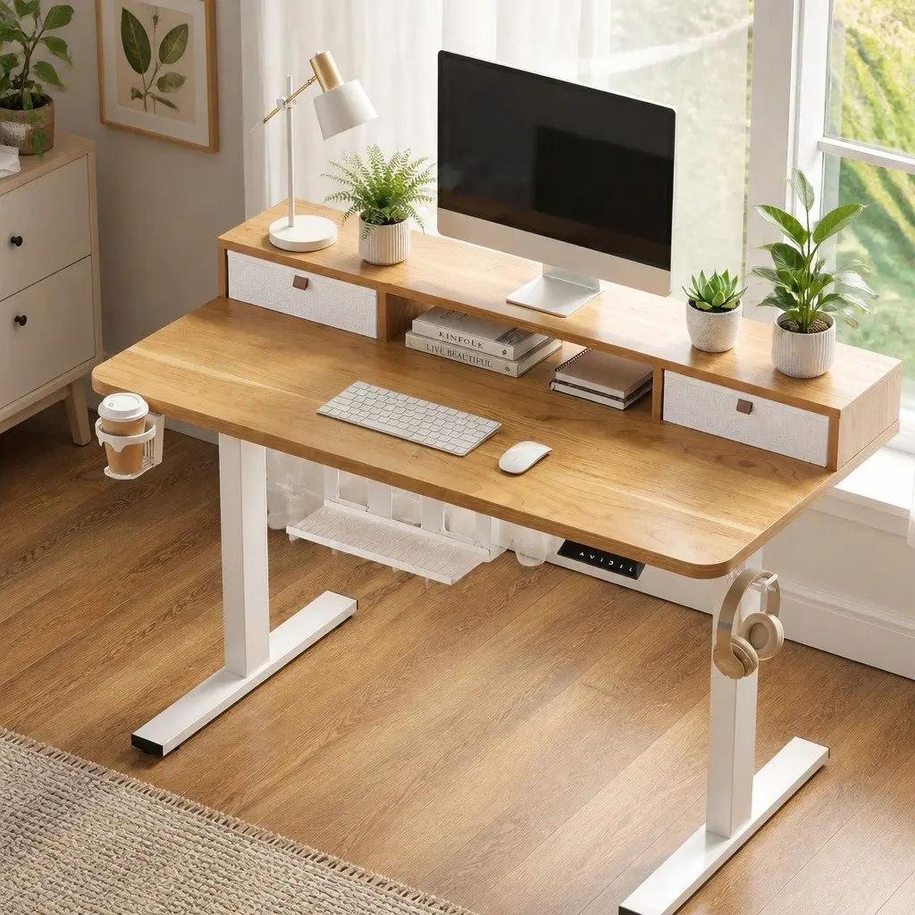 Electric Standing Desk Height Adjustable Motorised Office Desk 120x60cm White Oak
