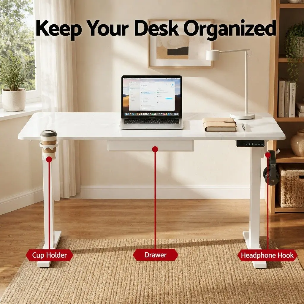 Height Adjustable Electric Desk White 140cm Motorised Workstation Home Office