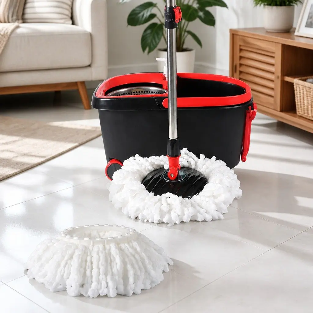 Mop Bucket Set Microfibre Wet Dry Cleaning 360 Degree Rotatable Head Adjustable Handle Black Red Green