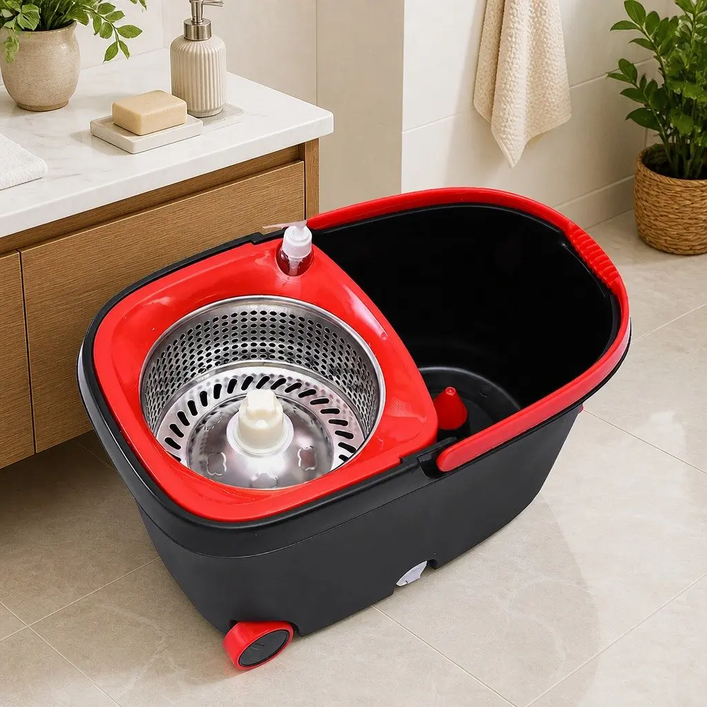Mop Bucket Set Microfibre Wet Dry Cleaning 360 Degree Rotatable Head Adjustable Handle Black Red Green