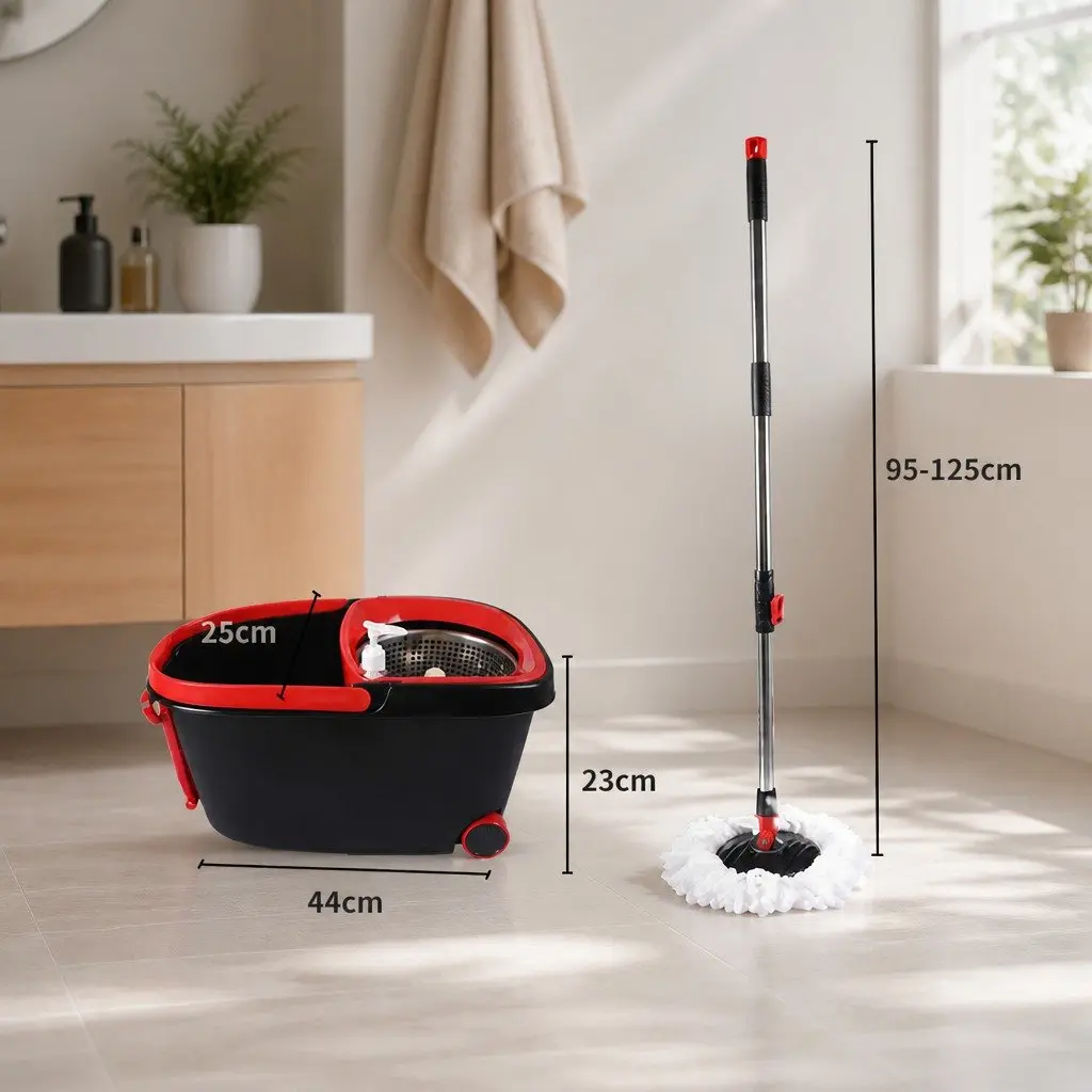 Mop Bucket Set Microfibre Wet Dry Cleaning 360 Degree Rotatable Head Adjustable Handle Black Red Green
