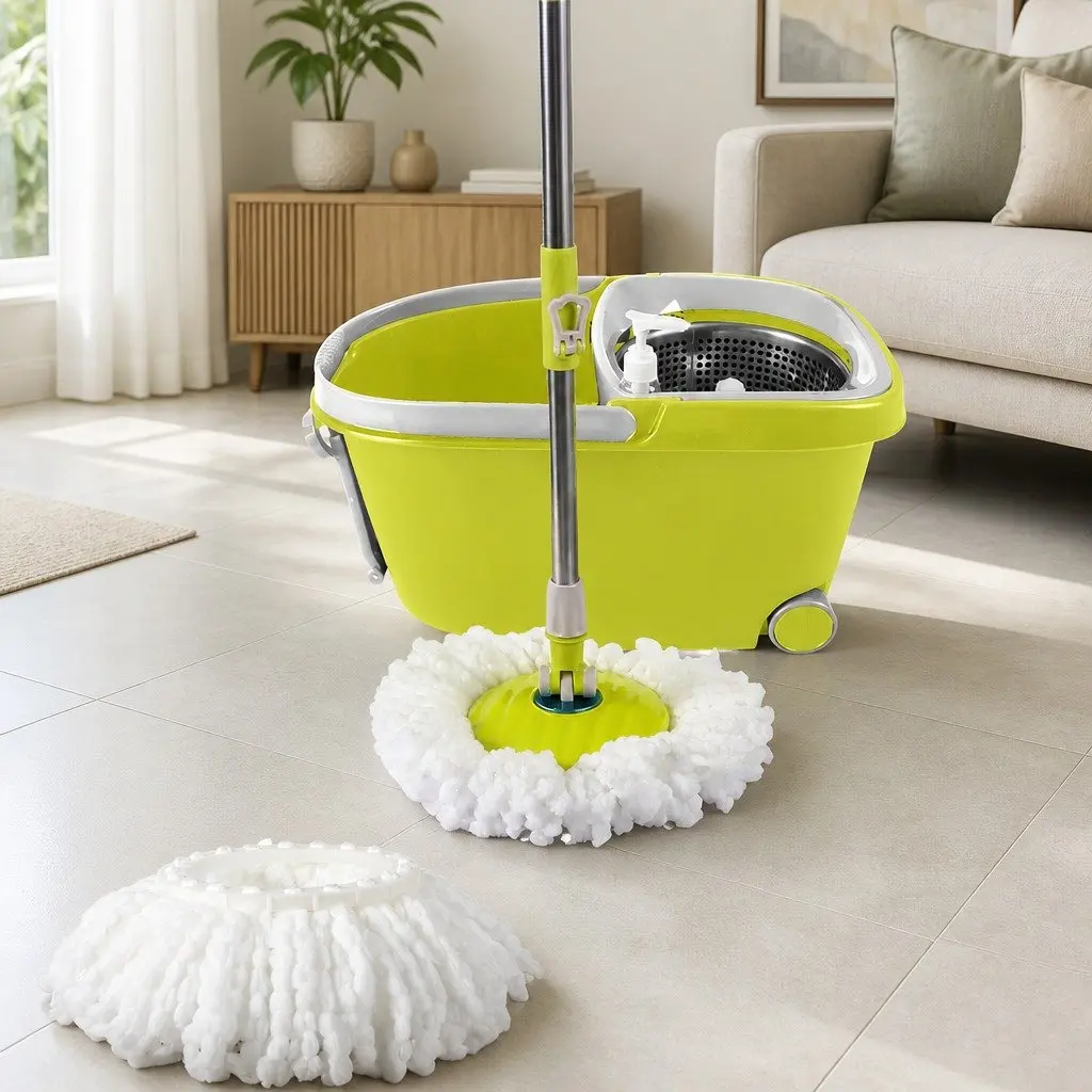 Mop Bucket Set Microfibre Wet Dry Cleaning 360 Degree Rotatable Head Adjustable Handle Black Red Green