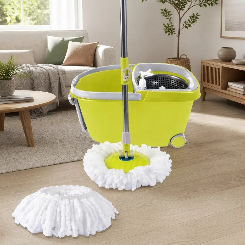 Mop Bucket Set Microfibre Wet Dry Cleaning 360 Degree Rotatable Head Adjustable Handle Black Red Green