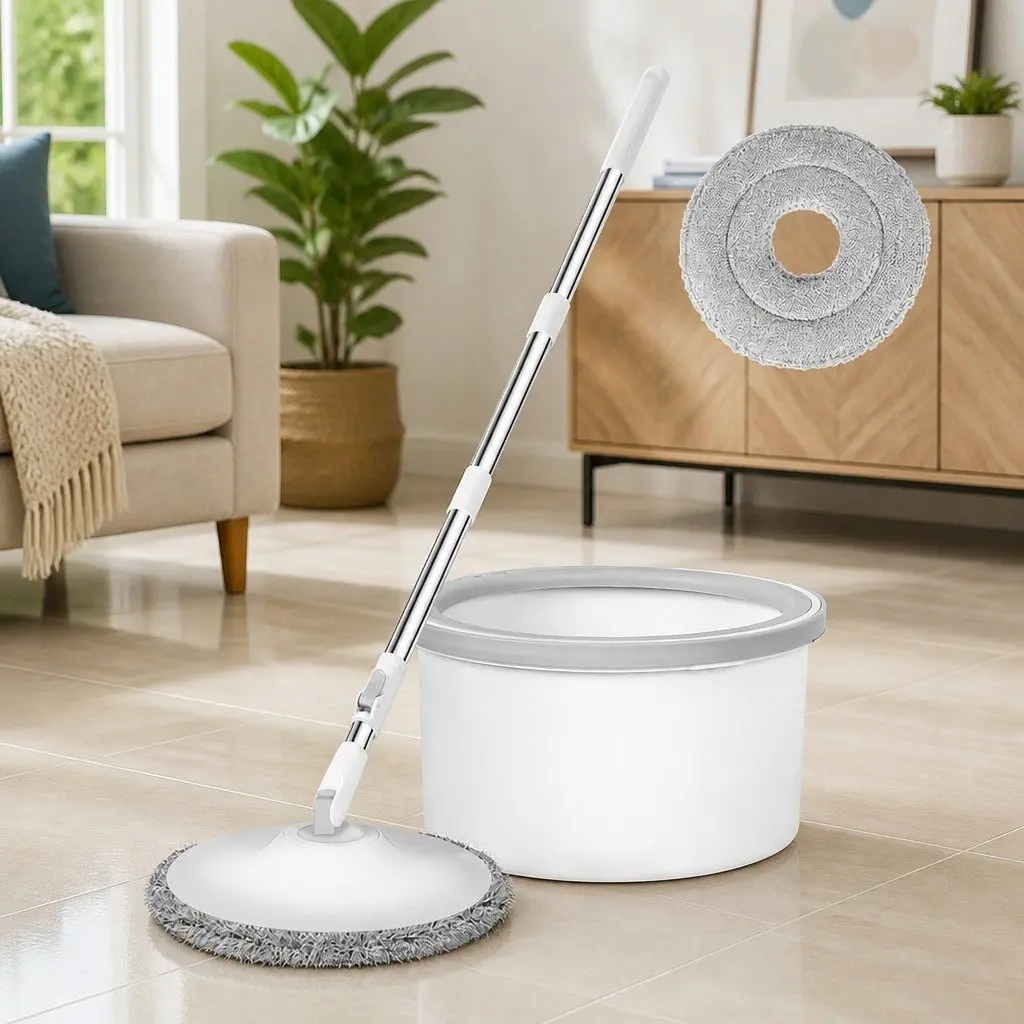 Mop and Bucket Set Wet Dry Cleaning Microfibre Mop Head Adjustable 104 124 cm White Grey