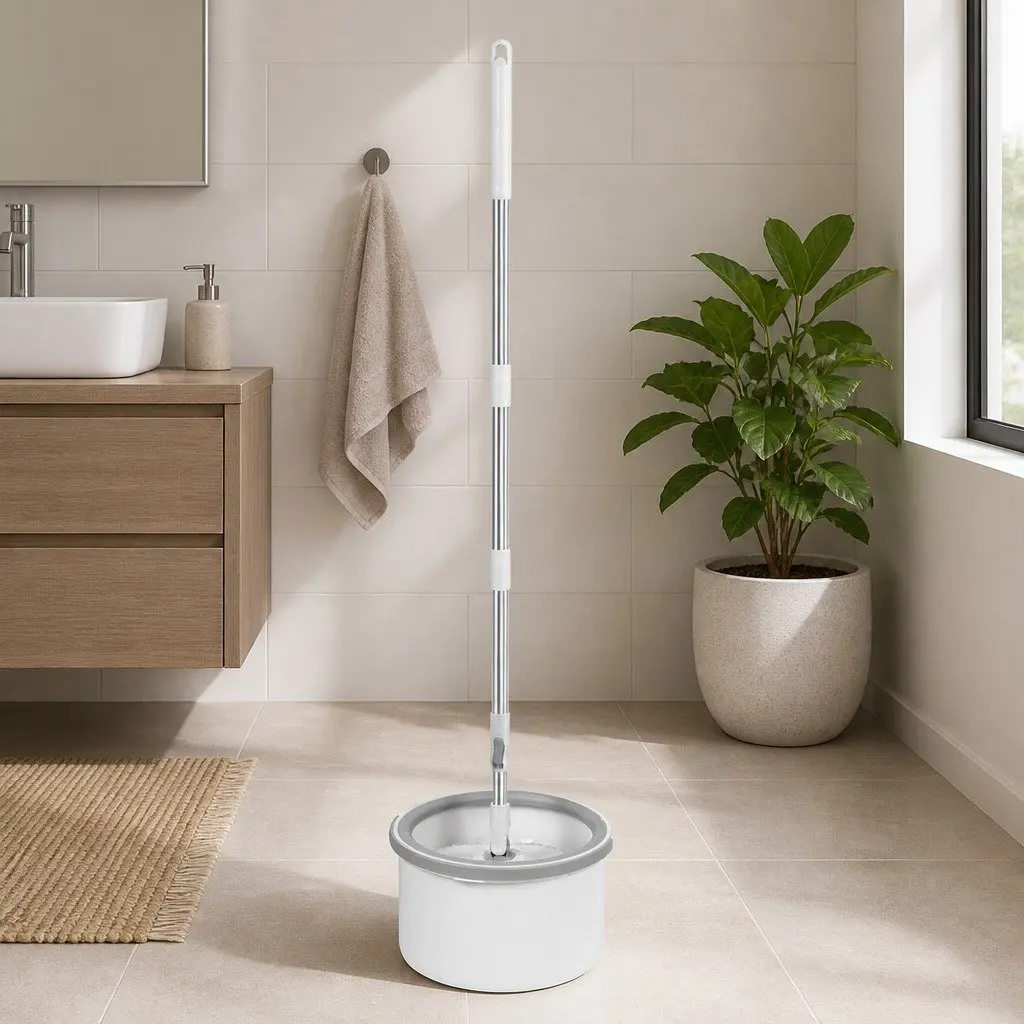 Mop and Bucket Set Wet Dry Cleaning Microfibre Mop Head Adjustable 104 124 cm White Grey
