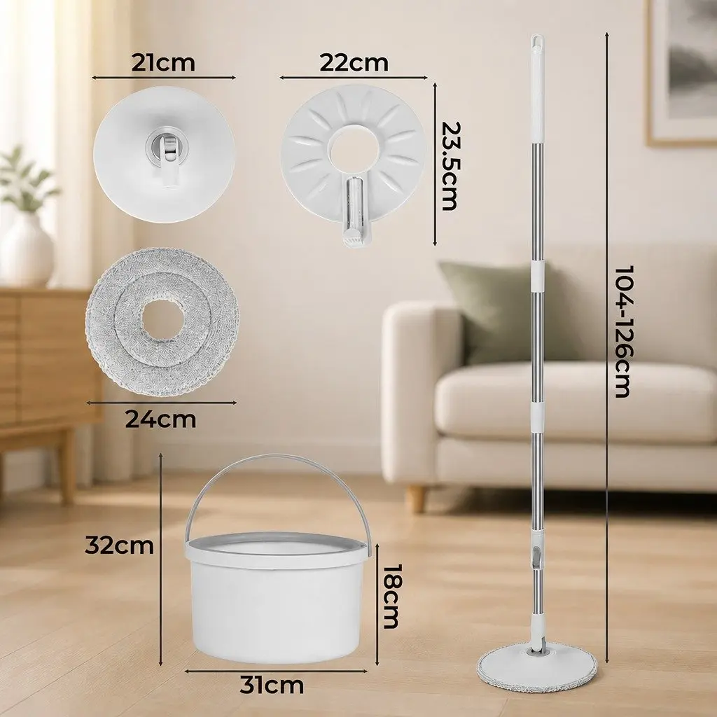 Mop and Bucket Set Wet Dry Cleaning Microfibre Mop Head Adjustable 104 124 cm White Grey