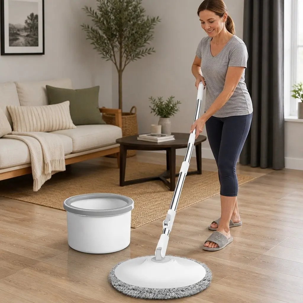 Mop and Bucket Set Wet Dry Cleaning Microfibre Mop Head Adjustable 104 124 cm White Grey