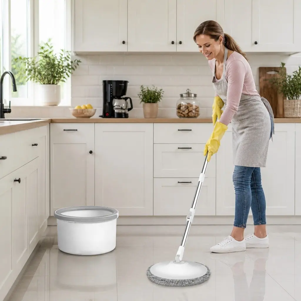 Mop and Bucket Set Wet Dry Cleaning Microfibre Mop Head Adjustable 104 124 cm White Grey