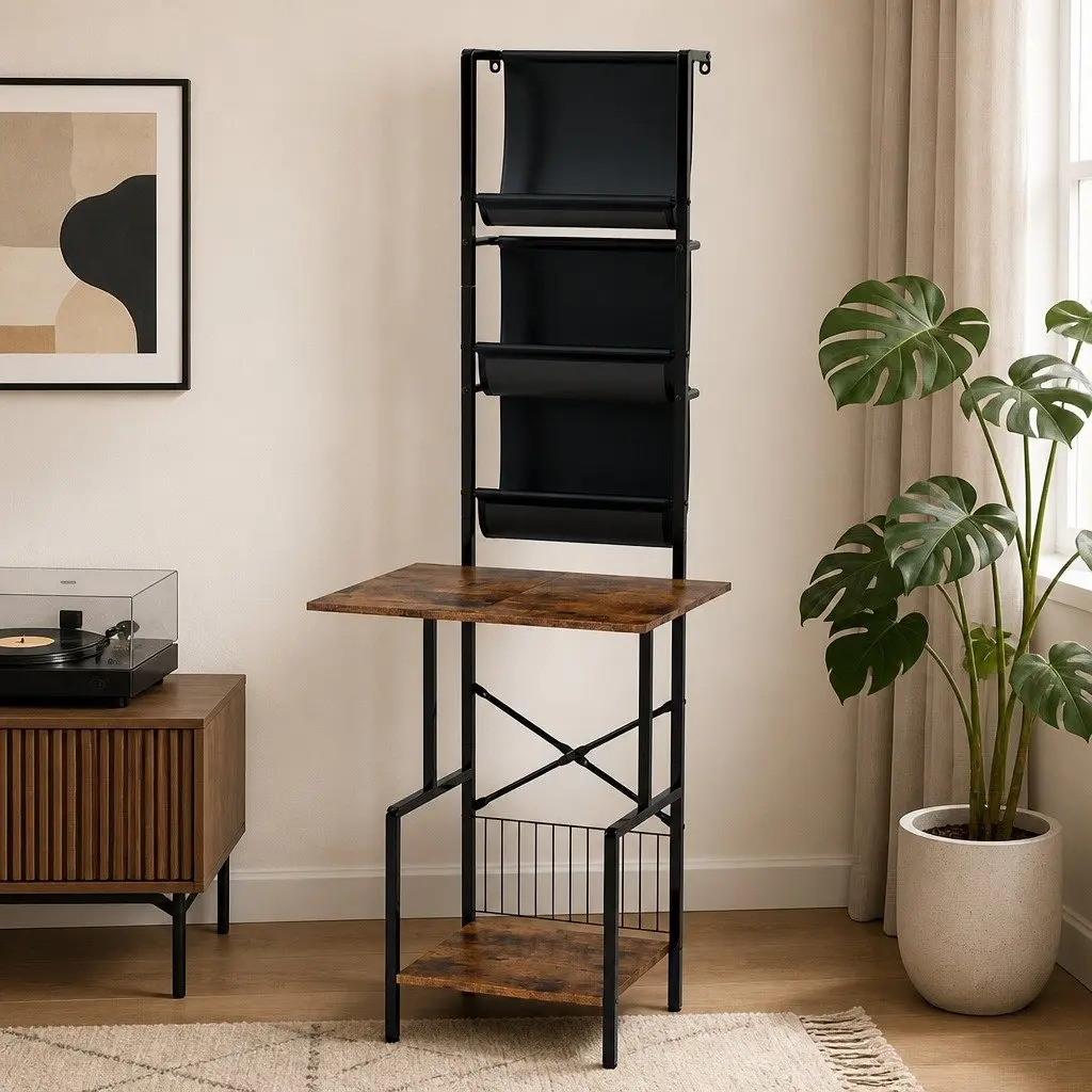 Tall Record Player Stand Vinyl Storage Rack Turntable Unit 50cm x 39cm x 144cm Brown and Black
