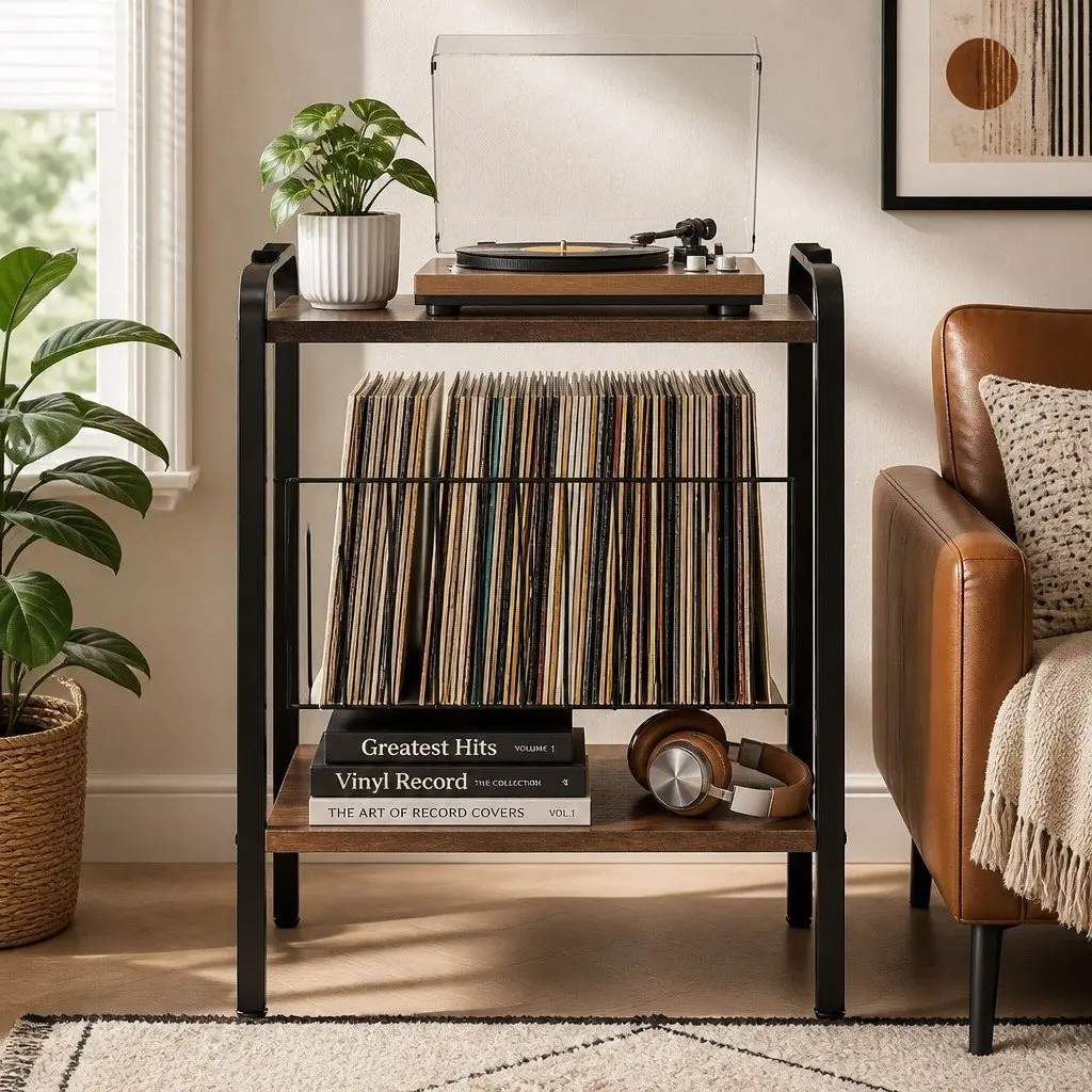 Tall Record Player Stand Vinyl Storage Rack Turntable Unit 50cm x 39cm x 144cm Brown and Black