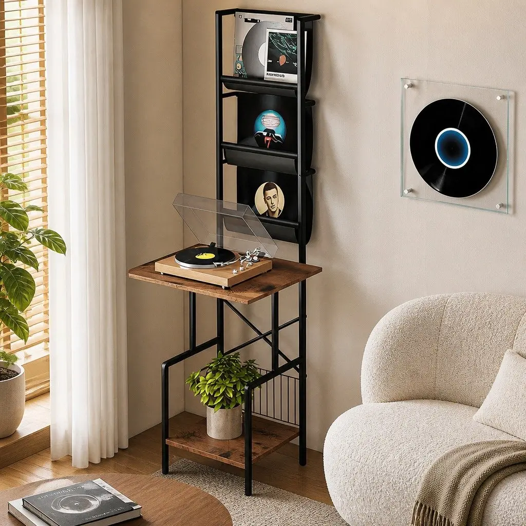 Tall Record Player Stand Vinyl Storage Rack Turntable Unit 50cm x 39cm x 144cm Brown and Black