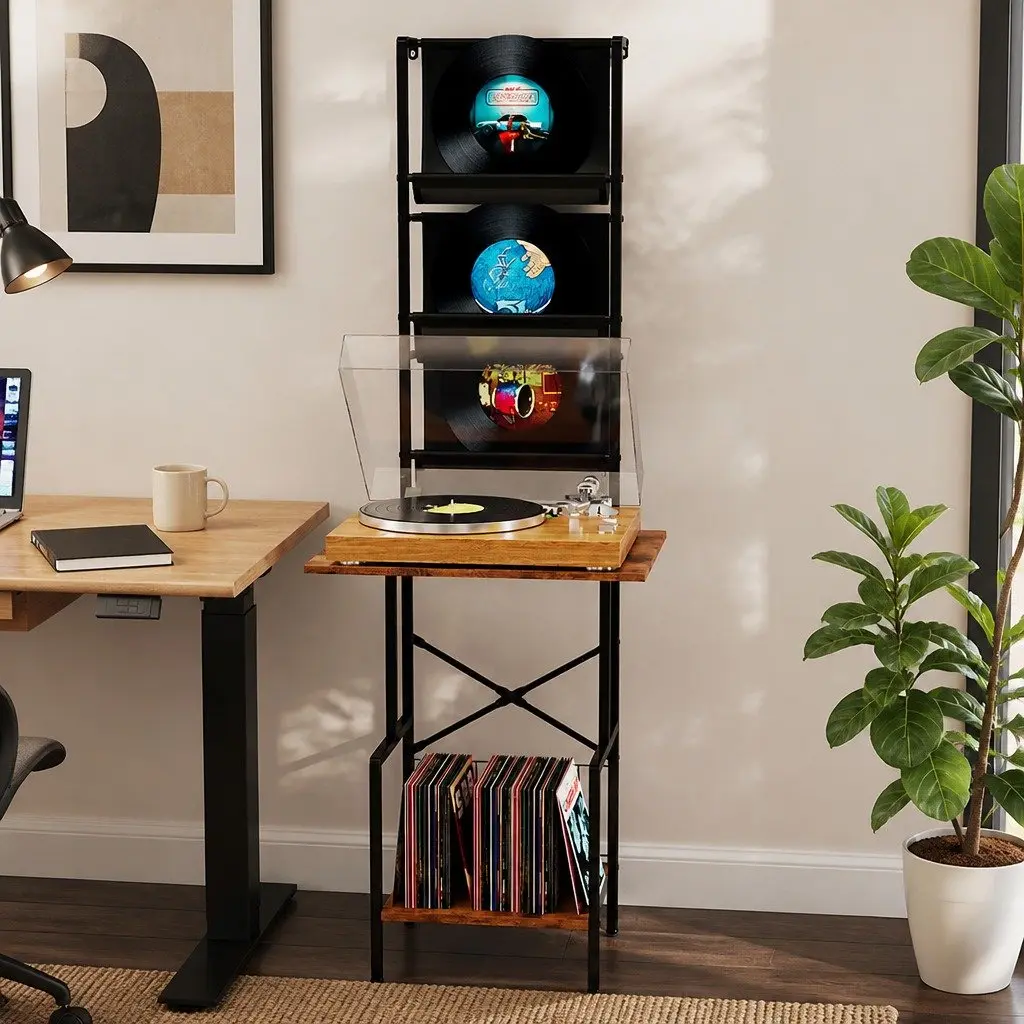 Tall Record Player Stand Vinyl Storage Rack Turntable Unit 50cm x 39cm x 144cm Brown and Black