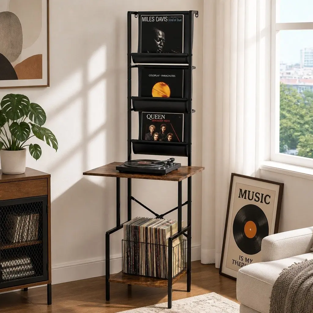 Tall Record Player Stand Vinyl Storage Rack Turntable Unit 50cm x 39cm x 144cm Brown and Black