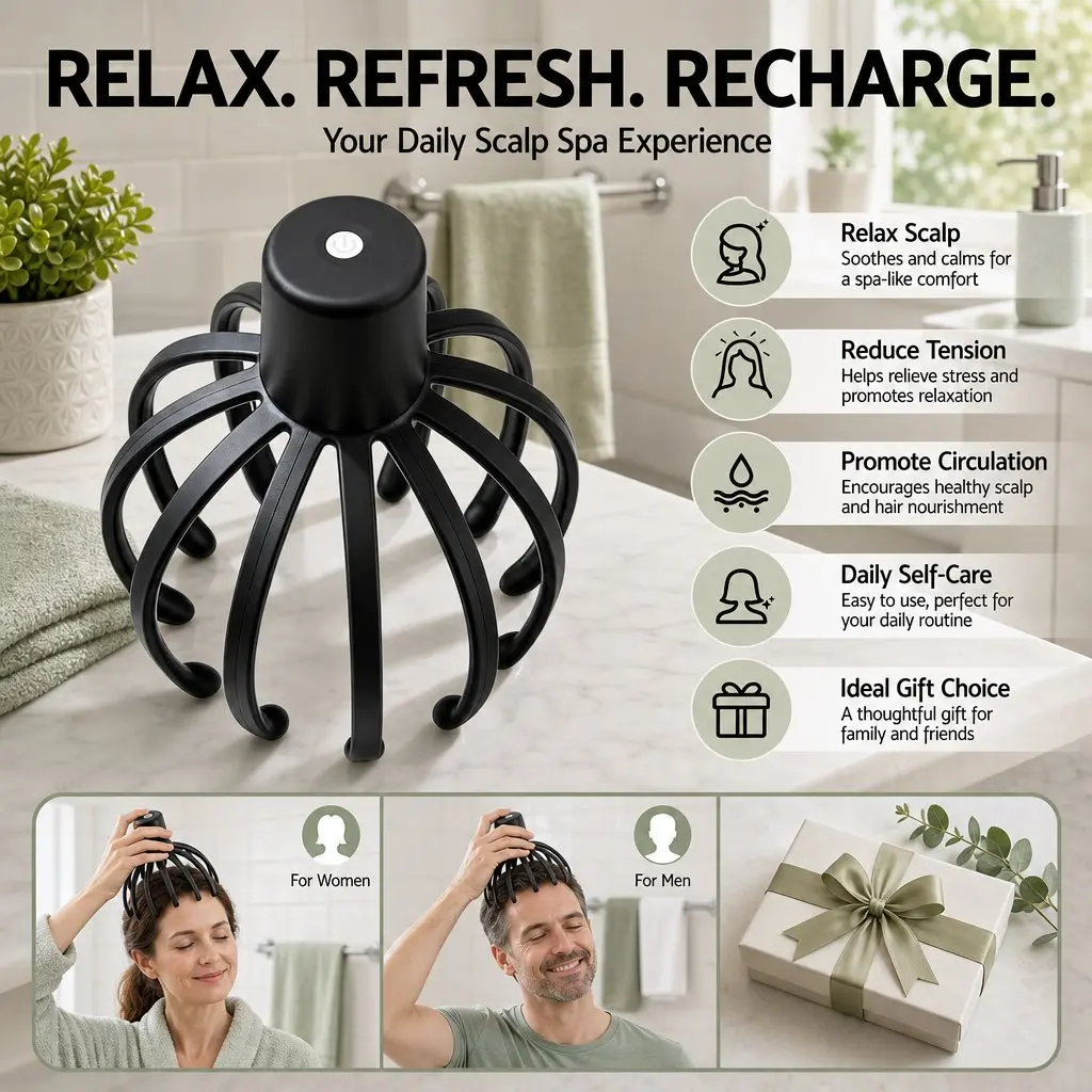 Head Massager Cordless Hands-Free Scalp Electric Vibration 360 Degree Black