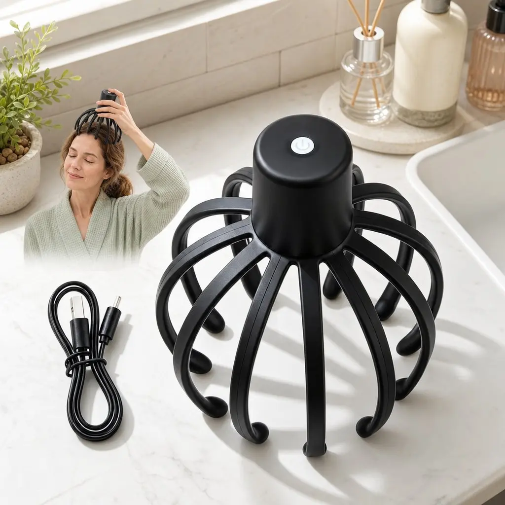 Head Massager Cordless Hands-Free Scalp Electric Vibration 360 Degree Black