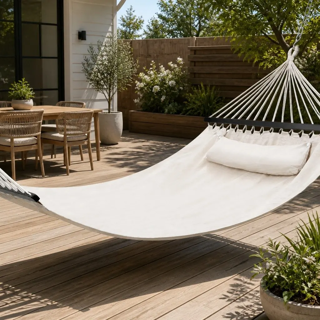 2 Person Hammock Bed Outdoor Camping Hanging Chair with Pillow 343cm x 140cm Cream