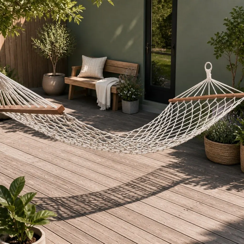 Hammock Bed Outdoor Indoor Camping Hanging Chair Mesh Cotton Rope Cream Relax