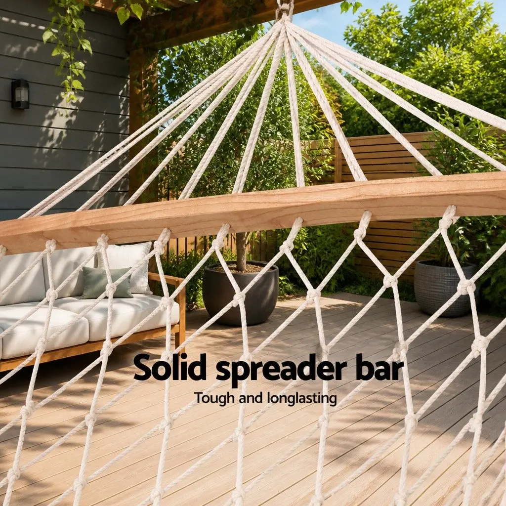 Hammock Bed Outdoor Indoor Camping Hanging Chair Mesh Cotton Rope Cream Relax
