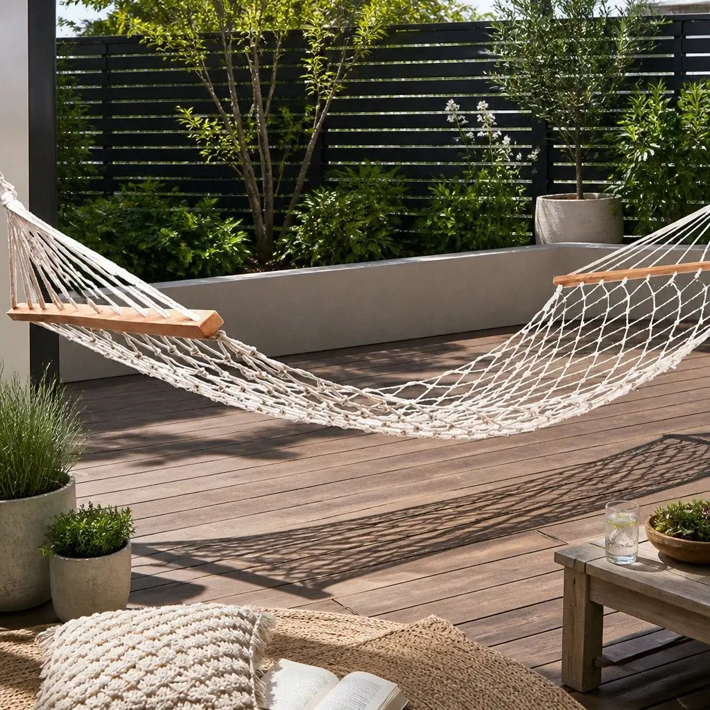Hammock Bed Outdoor Indoor Camping Hanging Chair Mesh Cotton Rope Cream Relax