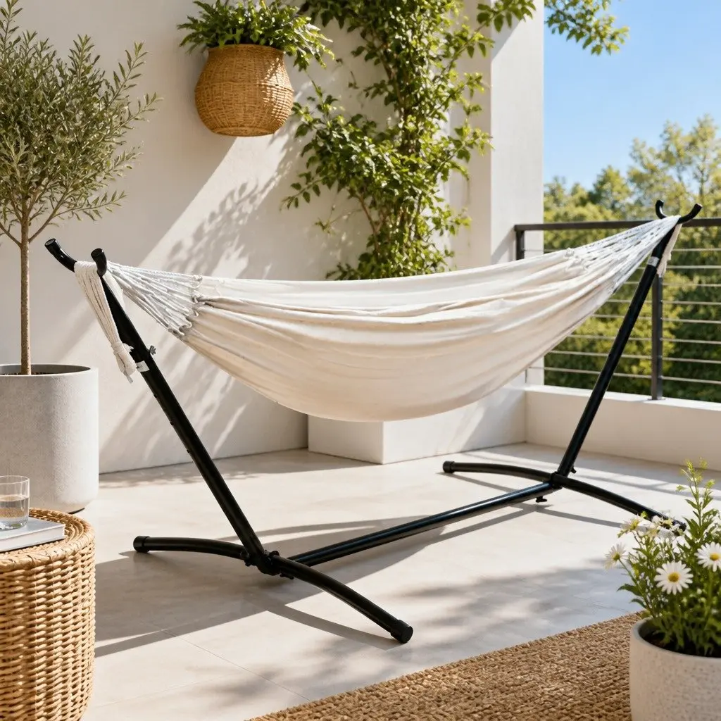 Hammock Bed with Stand Outdoor Lounge Chair Adjustable 280cm x 150cm Cream