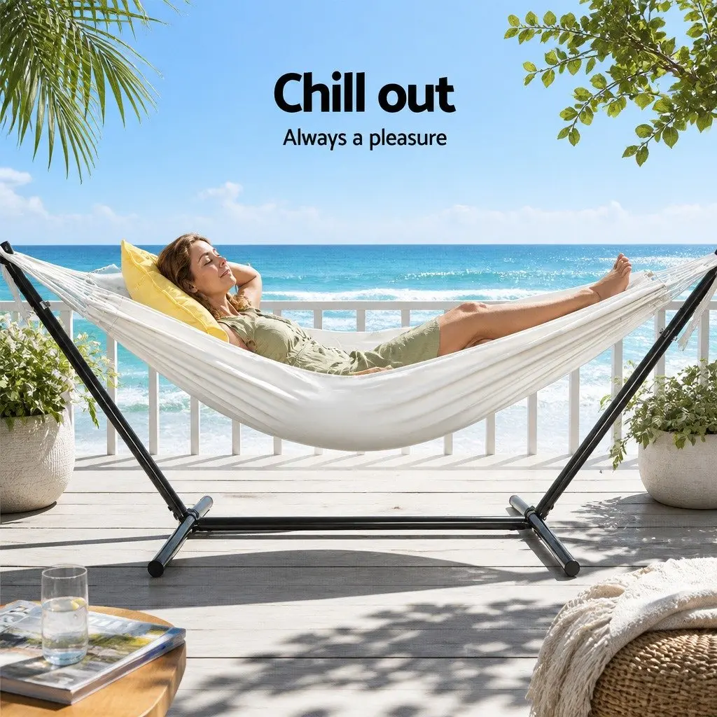 Hammock Bed with Stand Outdoor Lounge Chair Adjustable 280cm x 150cm Cream