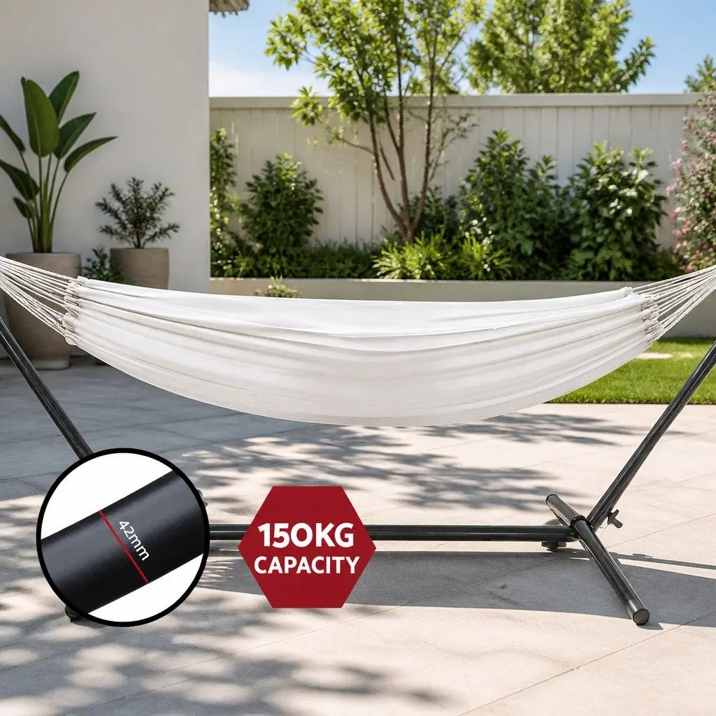 Hammock Bed with Stand Outdoor Lounge Chair Adjustable 280cm x 150cm Cream
