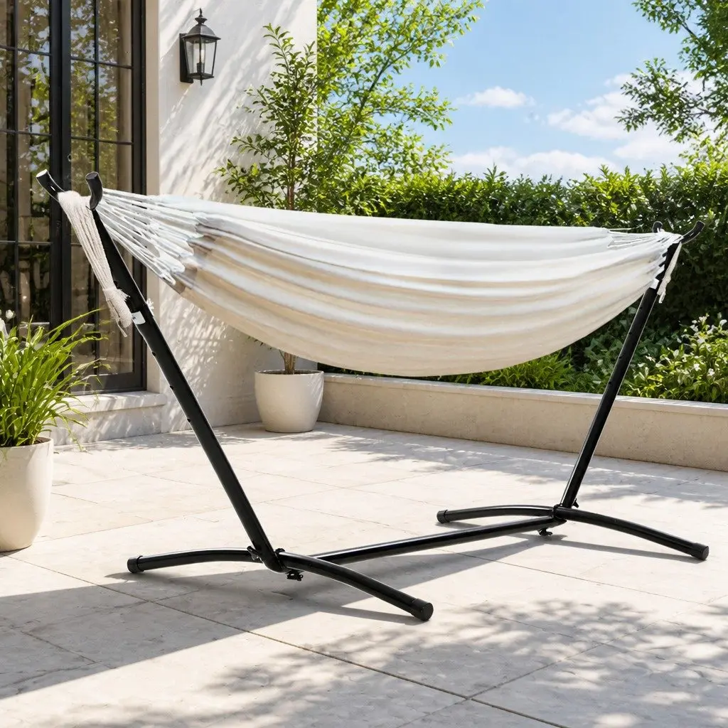 Hammock Bed with Stand Outdoor Lounge Chair Adjustable 280cm x 150cm Cream