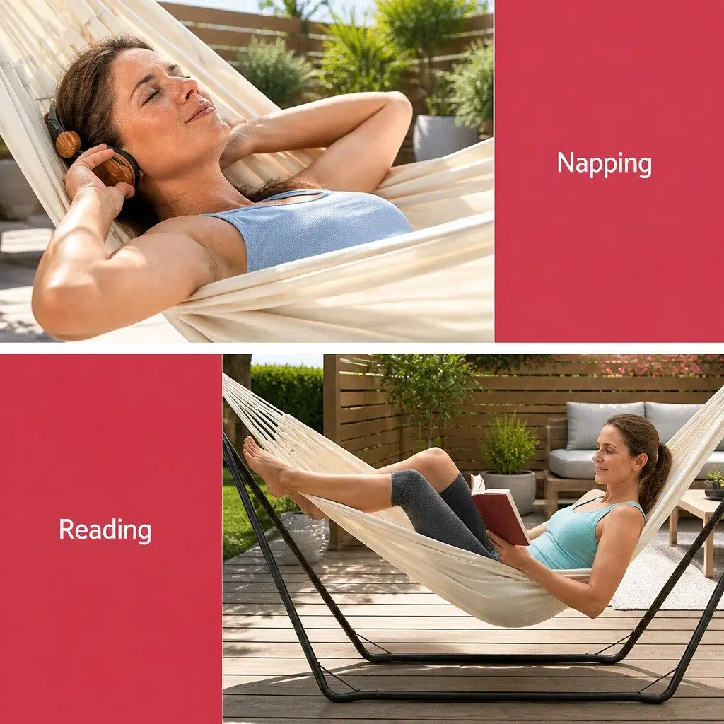 Hammock Bed Portable Relaxation 280cm x 150cm Cream with Stand Steel Frame Indoor Outdoor