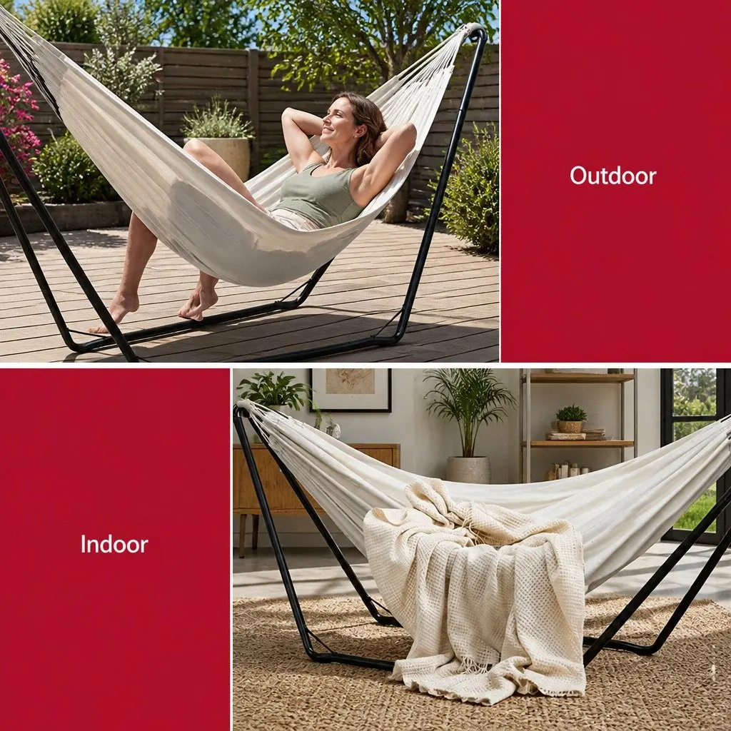 Hammock Bed Portable Relaxation 280cm x 150cm Cream with Stand Steel Frame Indoor Outdoor
