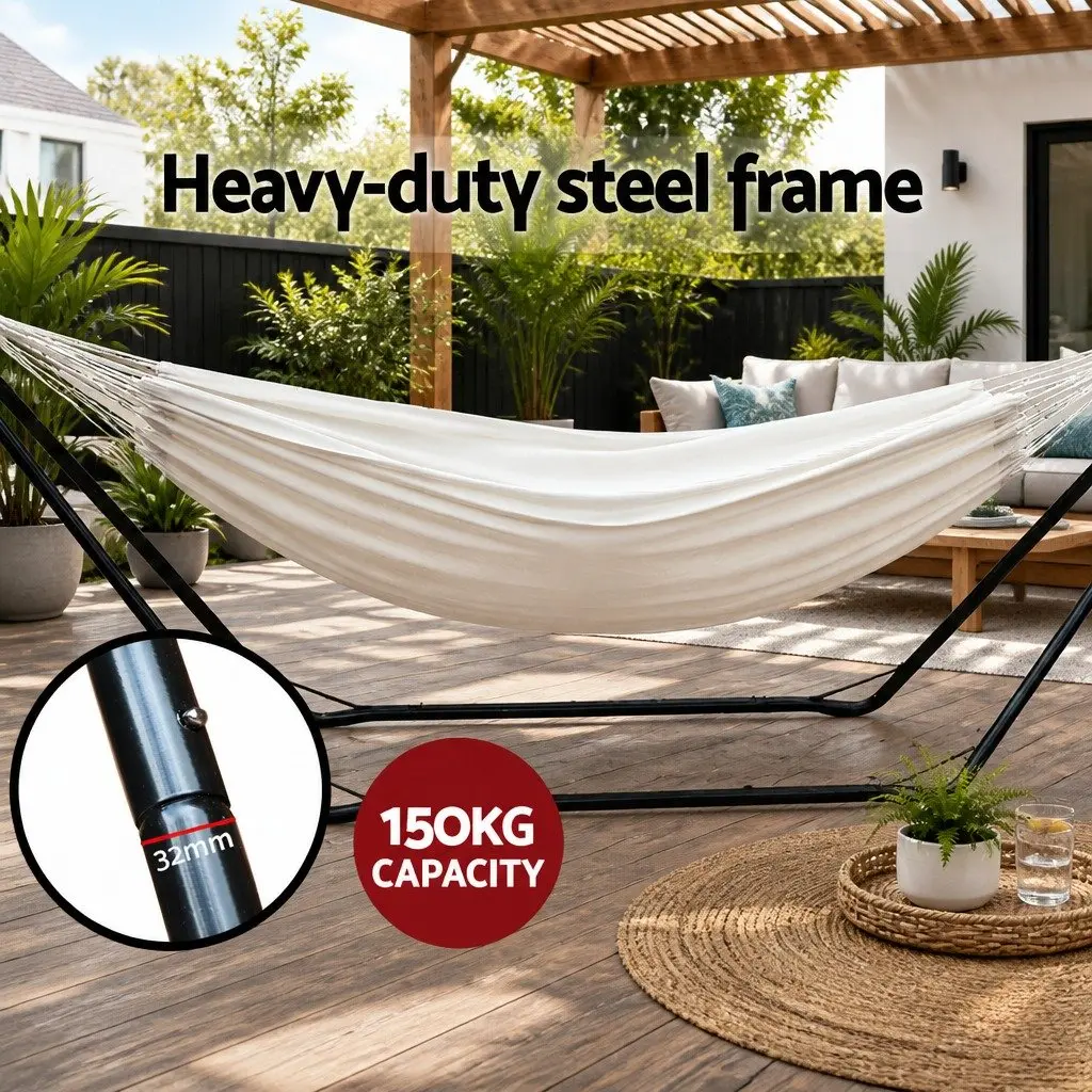 Hammock Bed Portable Relaxation 280cm x 150cm Cream with Stand Steel Frame Indoor Outdoor