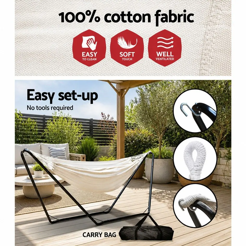Hammock Bed Portable Relaxation 280cm x 150cm Cream with Stand Steel Frame Indoor Outdoor