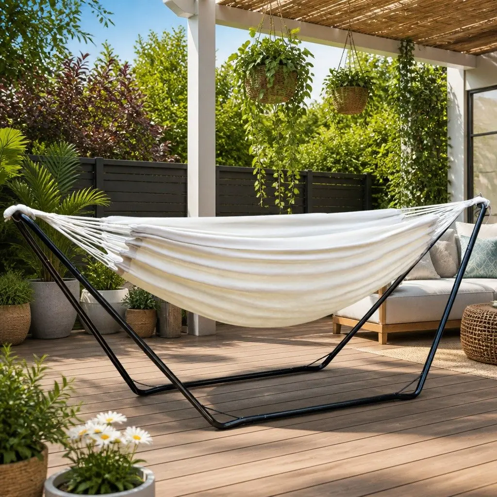 Hammock Bed Portable Relaxation 280cm x 150cm Cream with Stand Steel Frame Indoor Outdoor