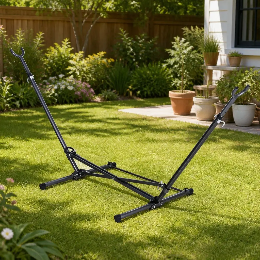 Hammock Bed Stand Adjustable Height Steel Frame Indoor Outdoor Black