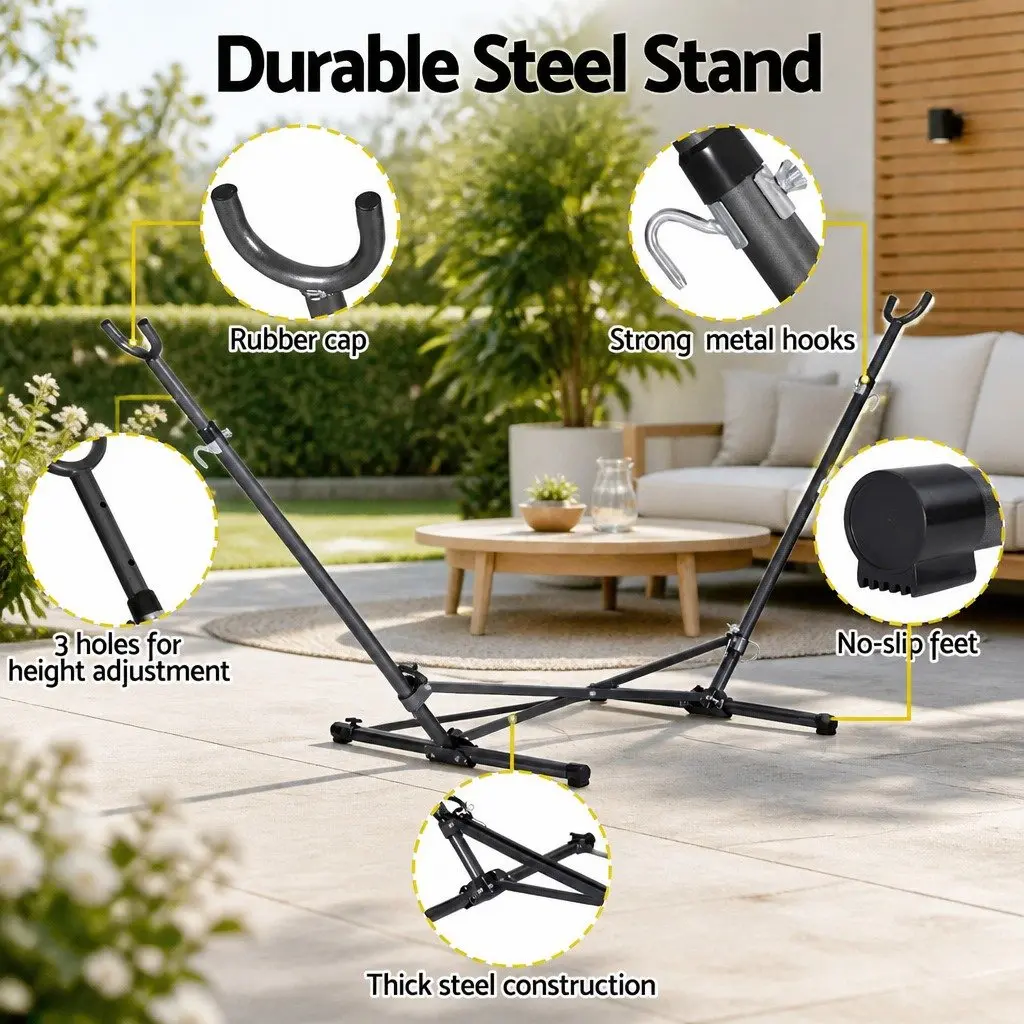 Hammock Bed Stand Adjustable Height Steel Frame Indoor Outdoor Black
