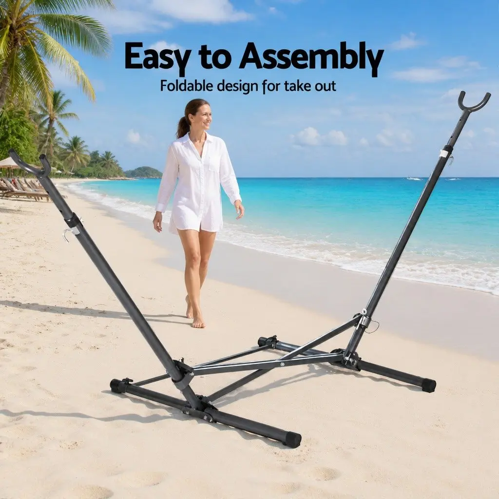 Hammock Bed Stand Adjustable Height Steel Frame Indoor Outdoor Black