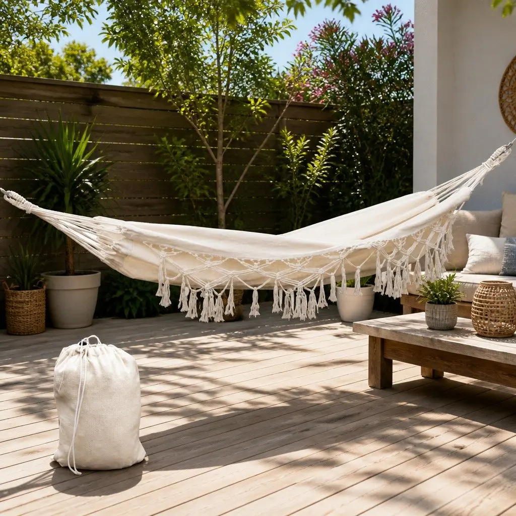 Hammock Bed Rope Tassel Swing Chair Outdoor Indoor 200cm x 150cm Cream