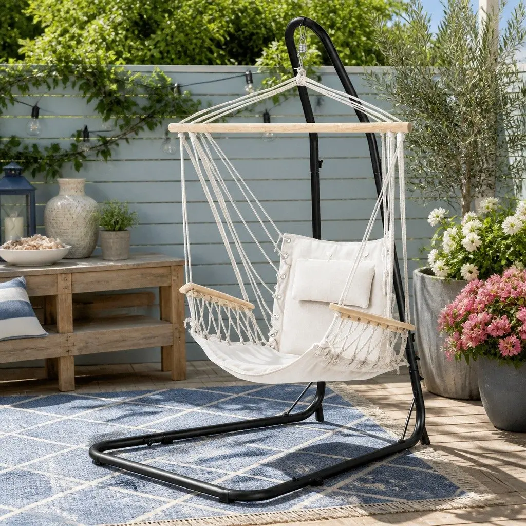 Hammock Chair Adjustable Height Indoor Outdoor Steel Frame Cream Black