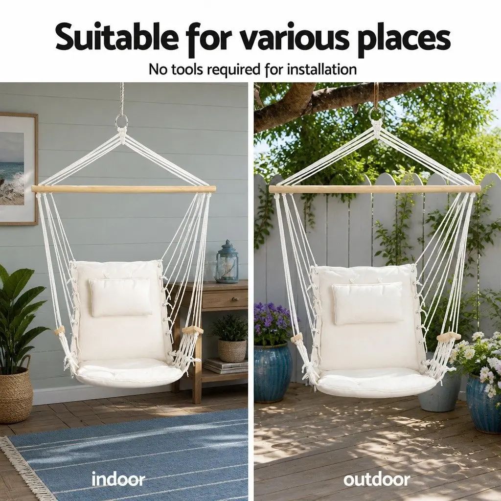 Hammock Chair Adjustable Height Indoor Outdoor Steel Frame Cream Black