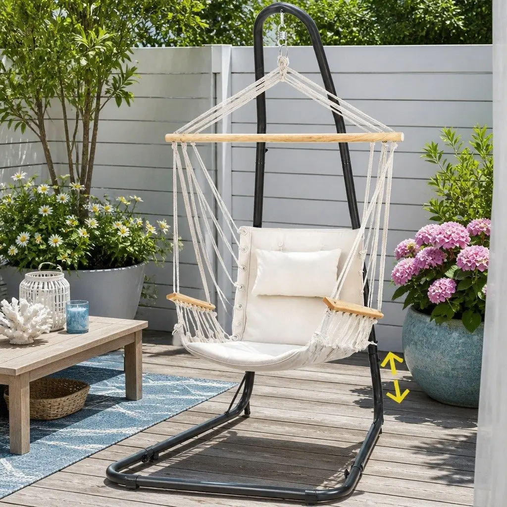 Hammock Chair Adjustable Height Indoor Outdoor Steel Frame Cream Black