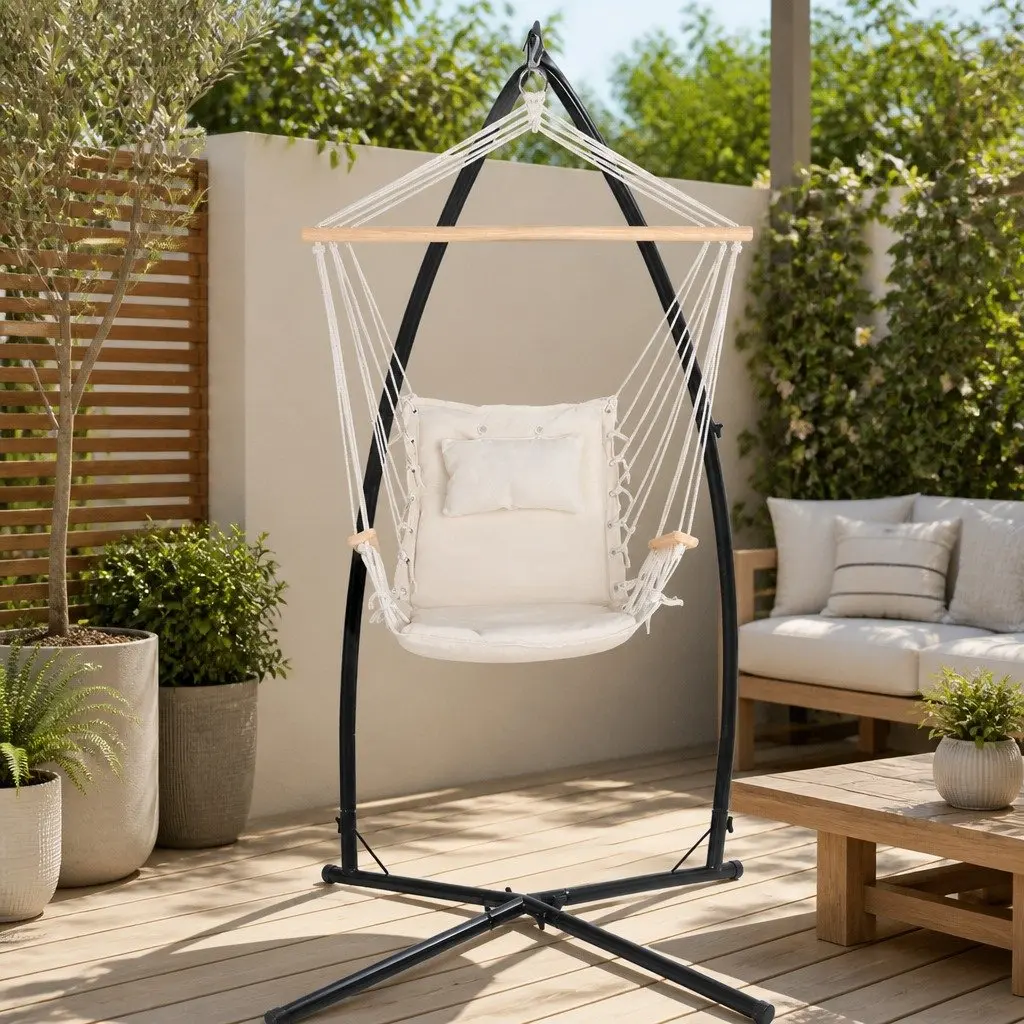 Hammock Chair with Steel Stand Armrest Outdoor Indoor Hanging Cream Relaxation