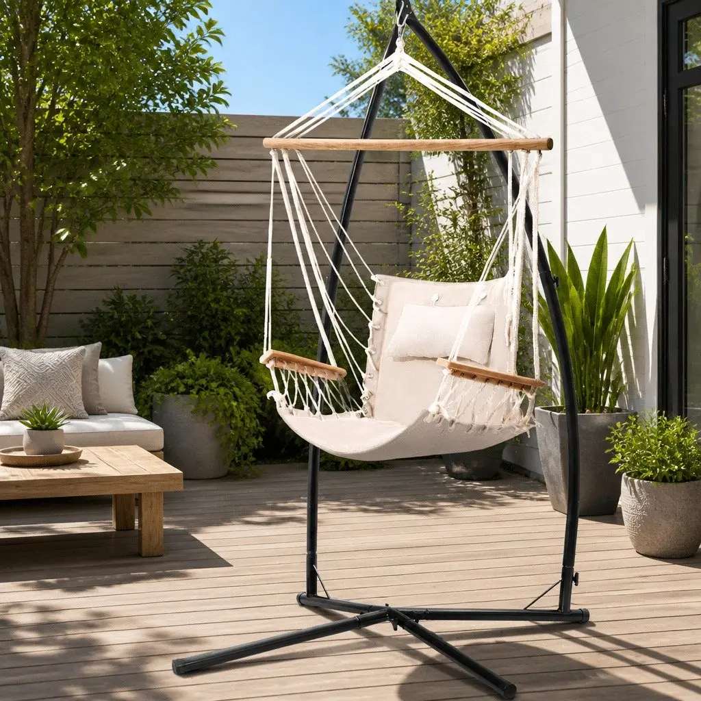 Hammock Chair with Steel Stand Armrest Outdoor Indoor Hanging Cream Relaxation