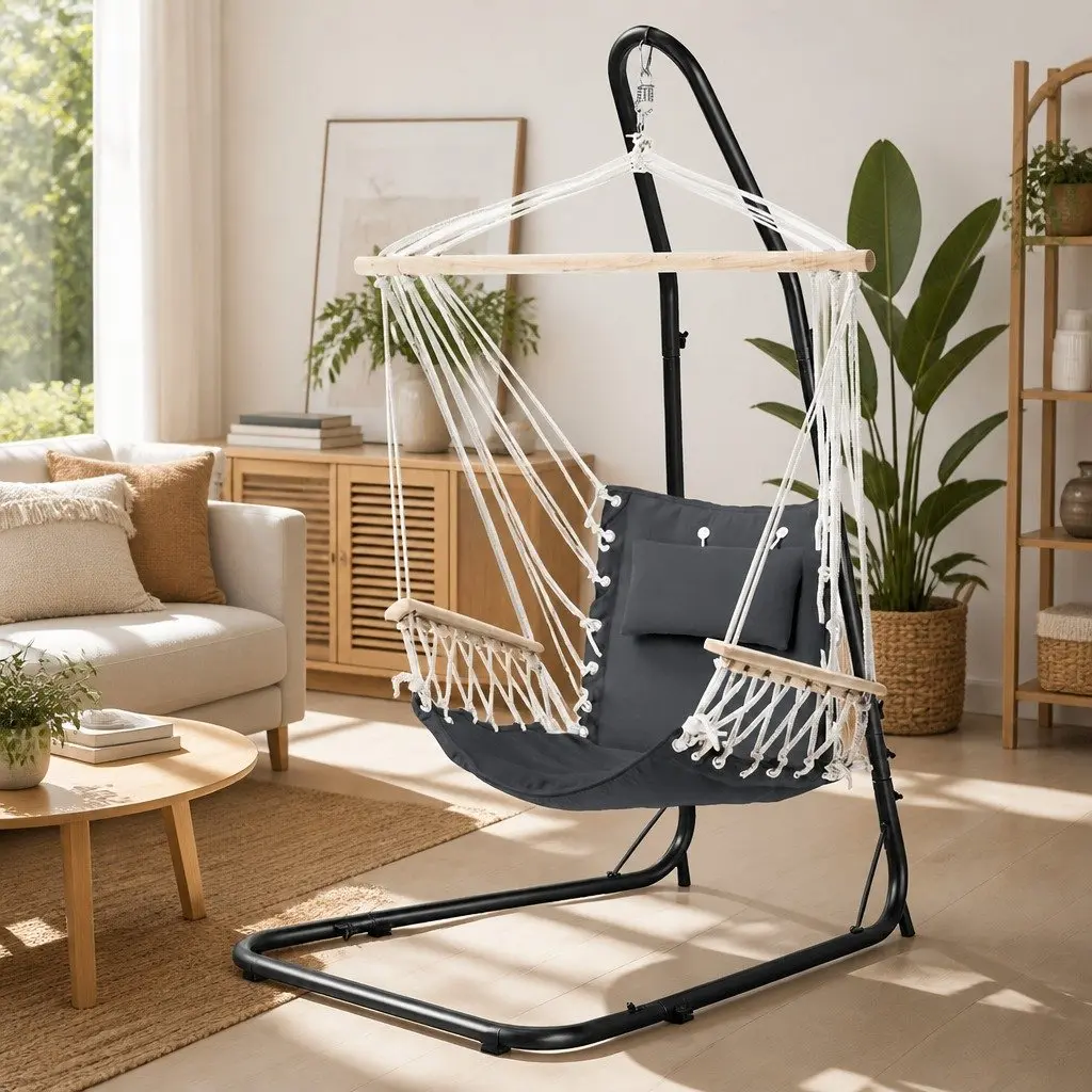 Hammock Chair Indoor Outdoor Relaxation Lounge Seat Adjustable Height Steel Stand Black Grey