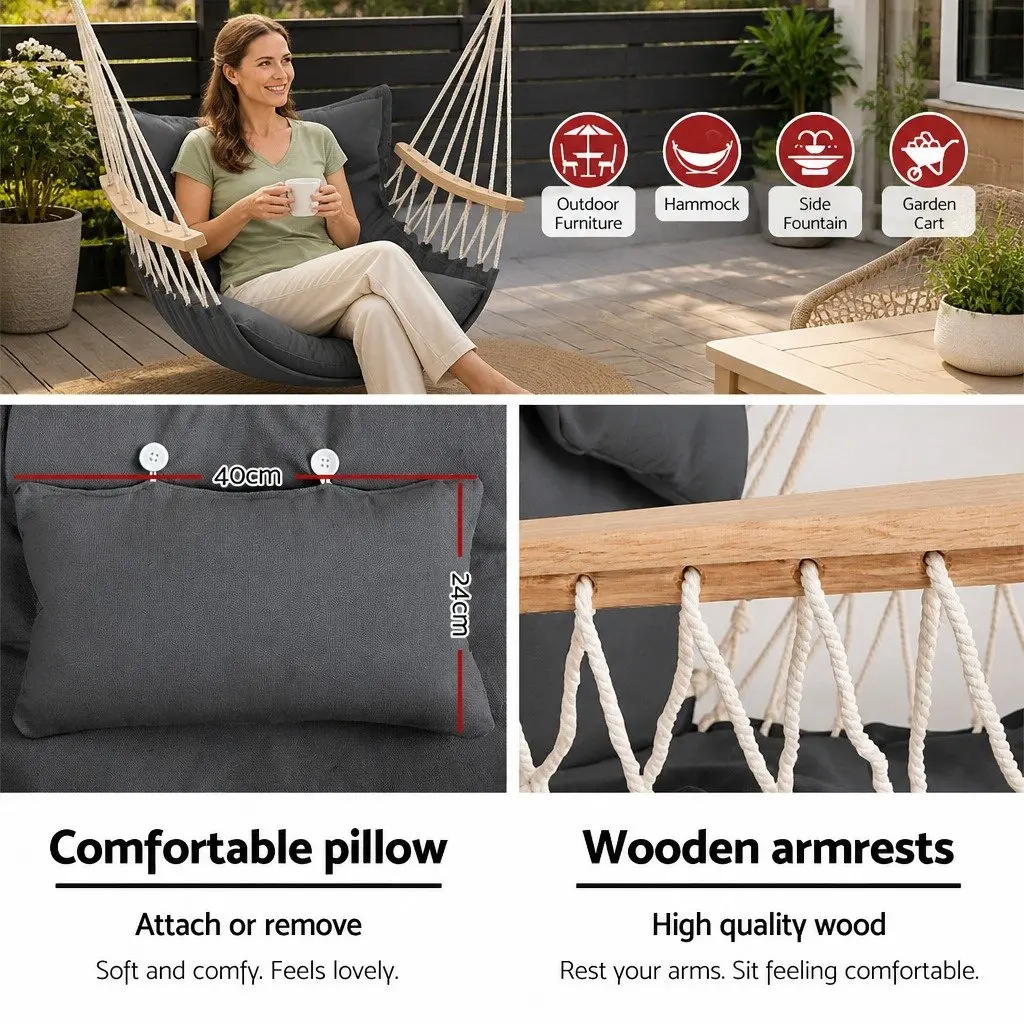 Hammock Chair Indoor Outdoor Use with Steel Stand Armrest Grey 100cm x 60cm x 138cm