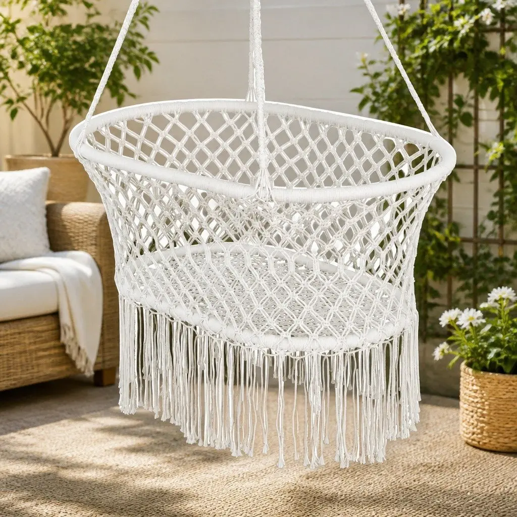 Hammock Chair Cotton Swing Relaxation 90cm x 56cm x 142cm Cream